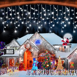 33FT 320 LED Christmas Lights Outdoor Decorations with 60 Drops Timer 8Mode Curtaing String Lights Waterproof Plug in Fairy Lights for Indoor,Xmas,Party,Patio,Window,Fence,Trees Decor(Cold White)